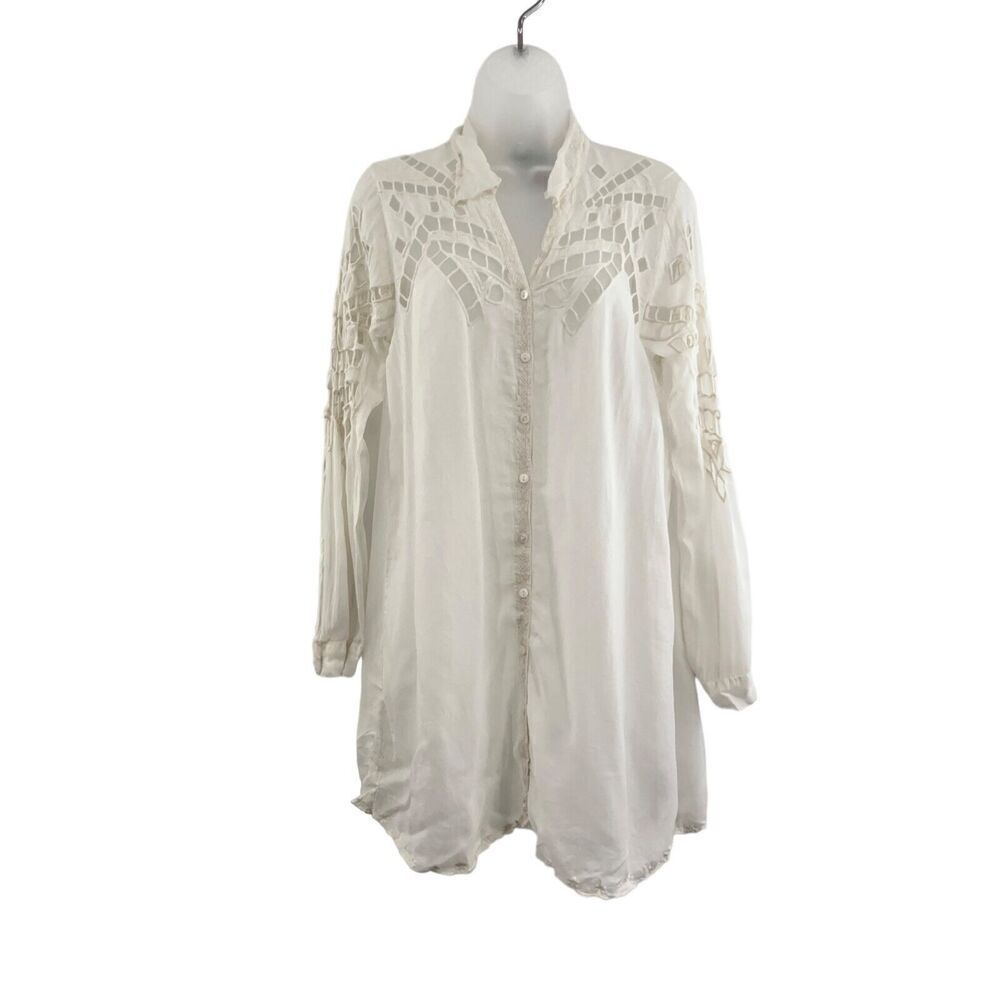 Johnny Was Eyelet Cut Out Sheer Tunic Dress Women Small Button Down White Cupra